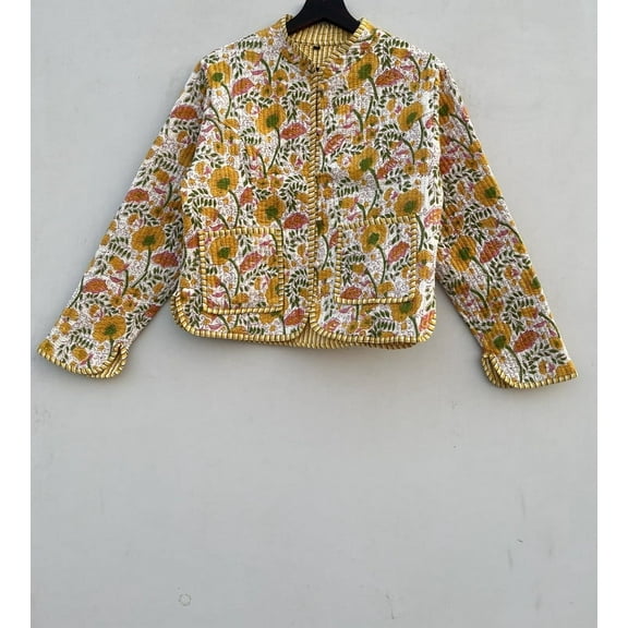 Handmade Floral Block Printed Yellow Jacket Cotton Quilted Reversible Bomber Upperwear for Women's