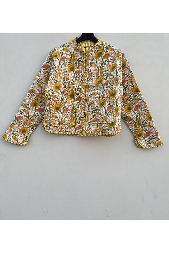 Handmade Floral Block Printed Yellow Jacket Cotton Quilted Reversible Bomber Upperwear for Women's