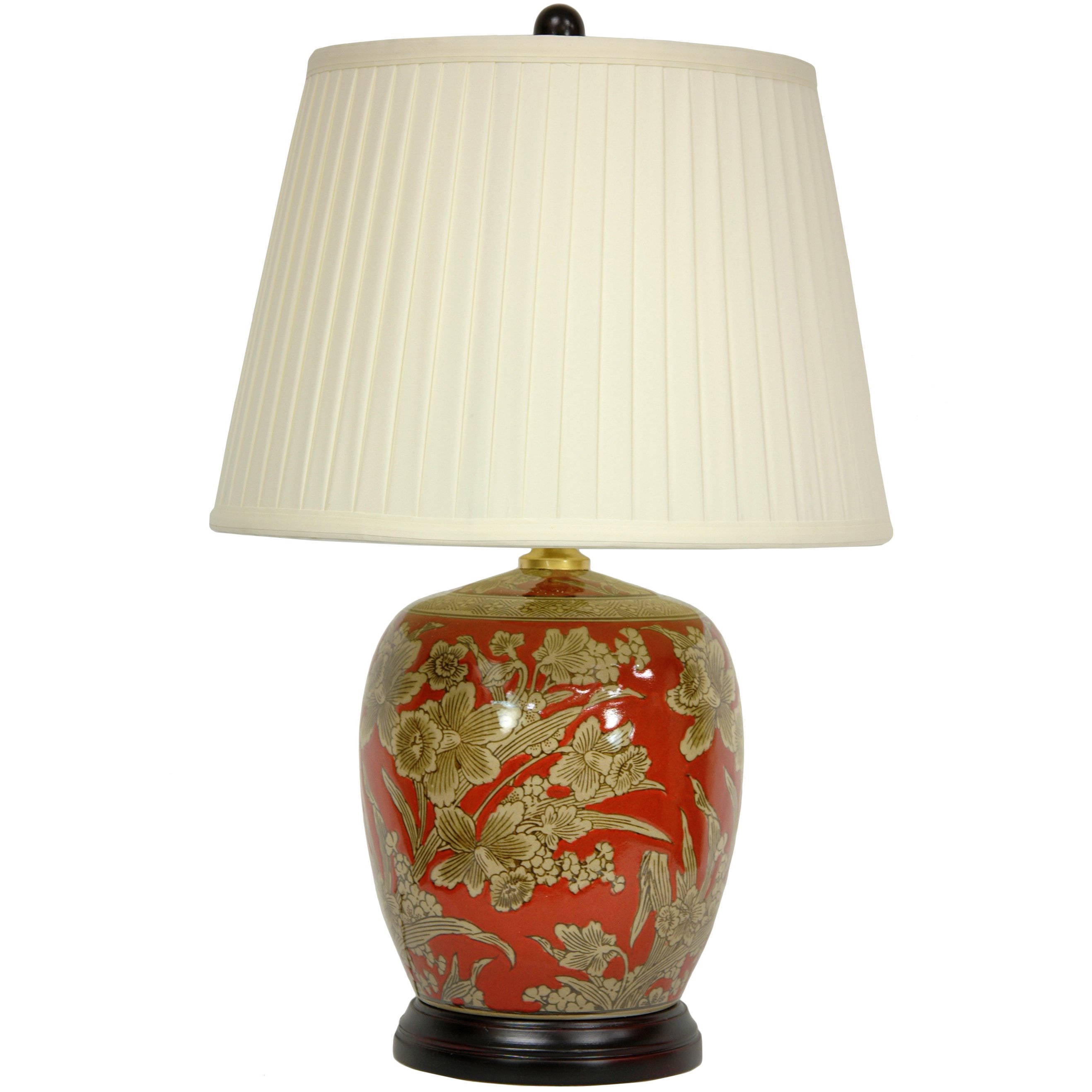 Red Porcelain Floral Jar Lamp with Off-White Shade