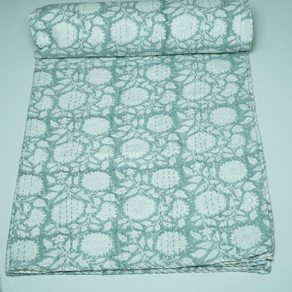 Handmade Floral Indian Kantha Quilt Sage Green â€“ Soft Cotton Block Print Bedspread for Calm, Cozy Home Decor