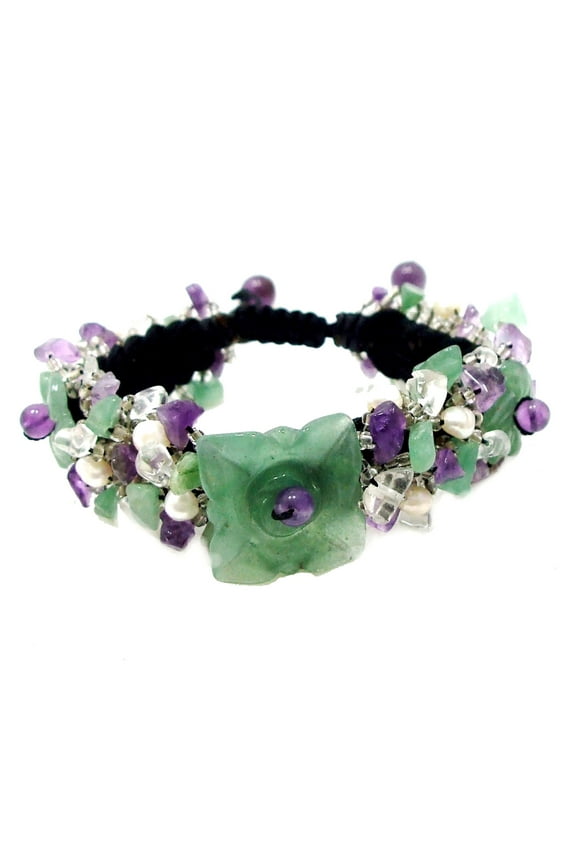 Handmade Floral Trio Green Tone Mixed Stone Pull String Bracelet