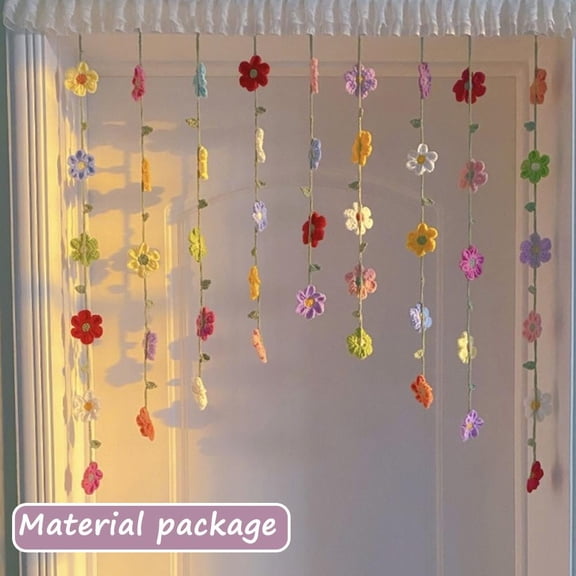Handmade Floral Weaving Door Curtain, 9-Piece Colorful Crochet Flower & Leaf Wall Decor, Soft Yarn Pastoral Home Accent, Style C