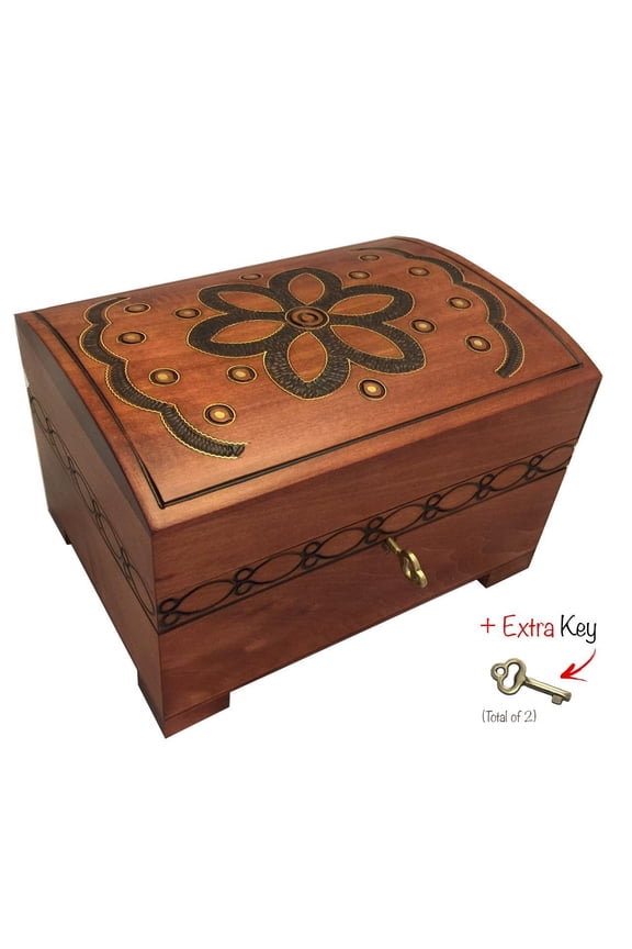 Handmade Floral Wooden Chest Box w/ Lock and Key Flower Jewelry Keepsake Box from Poland