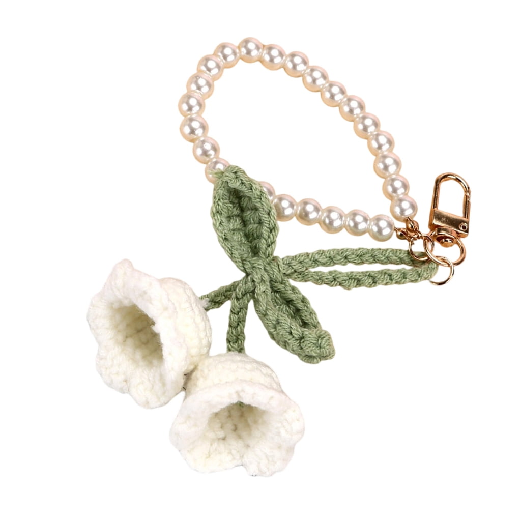 Handmade Flower Crochet Keychain with Pearls Soft Yarn Texture