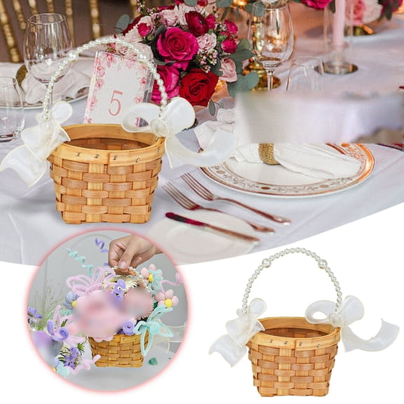 Handmade Flower Girl Basket - Mini Round Wicker Holder Rustic braidedd Rattan with Handle and Ribbon, Decorative Natural Organizer Tool for Weddings Events Home Display