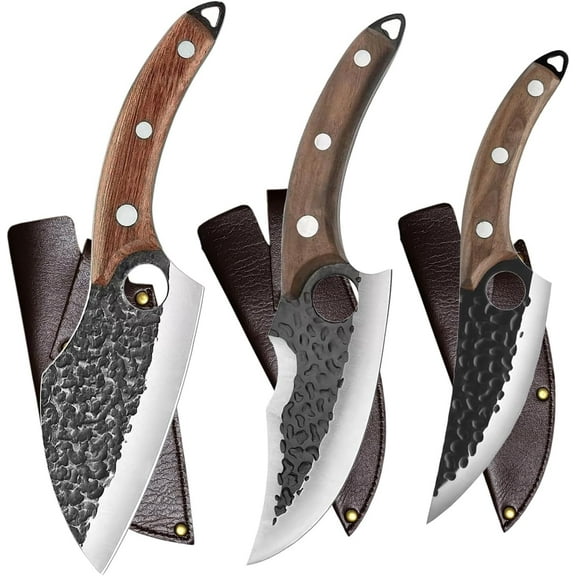 Handmade Forged Kitchen Knife 3 Pcs Professional Chef Knife Set, Hunting, BBQ Meat Knives for Cooking, Forged Kitchen Knife with High Carbon Stainless Steel Cutlery With Leather Sheaths