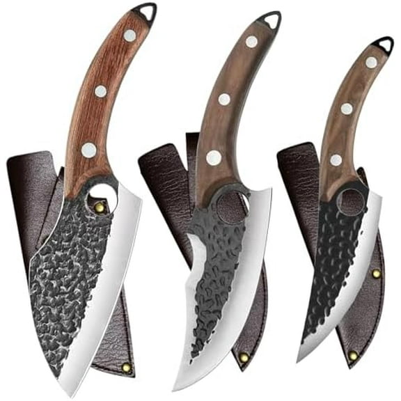 Handmade Forged Kitchen Knife 3 Pcs Professional Chef Knife Set, Hunting, BBQ Meat Knives for Cooking, Forged Kitchen Knife with High Carbon Stainless Steel Cutlery With Leather Sheaths$$