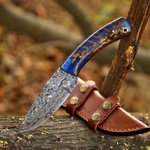 Handmade Forged Rain Pattern Damascus Steel Fix Blade Knife Pinecone Handle