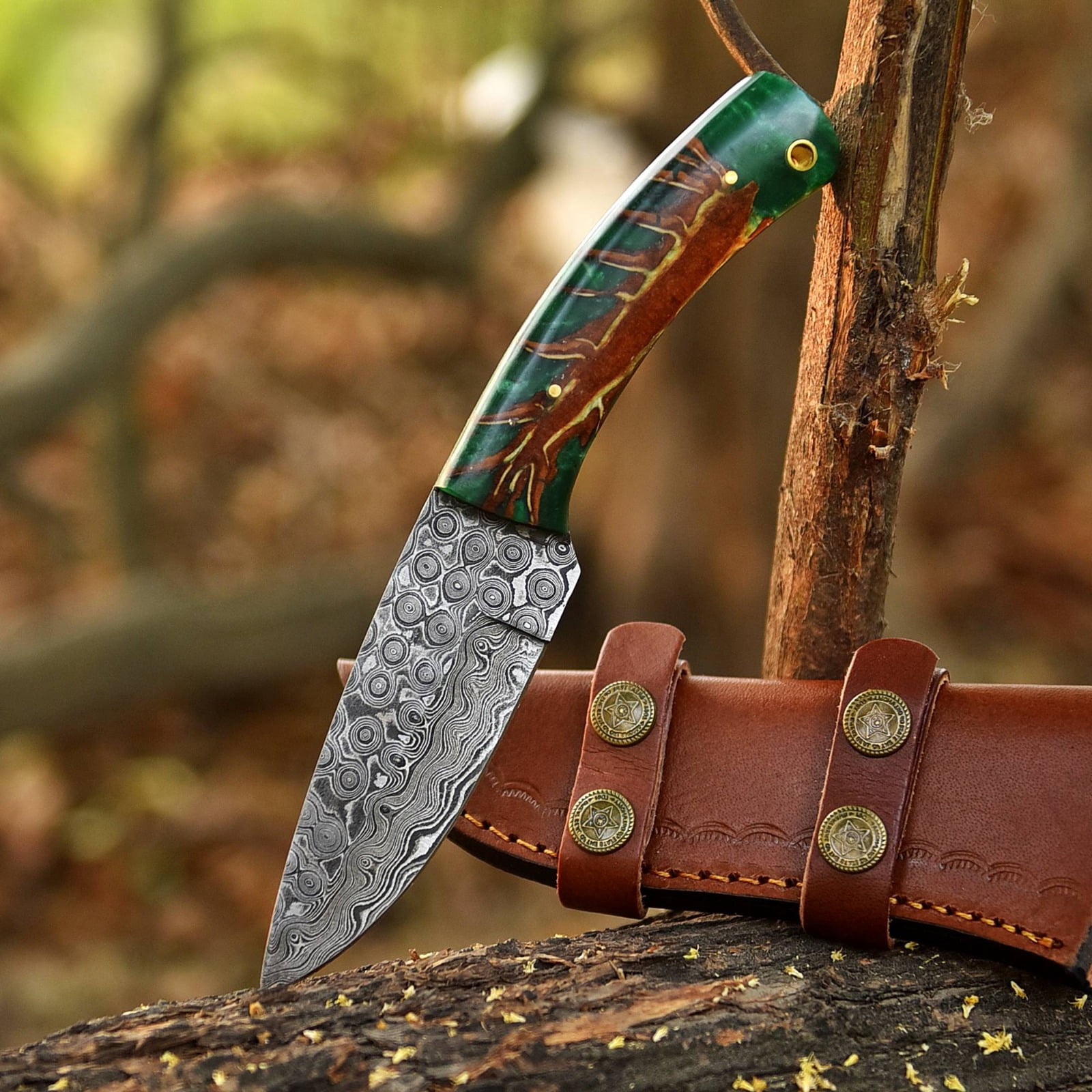 Handmade Forged Rain Pattern Damascus Steel Fix Blade Tactical Knife Pinecone Handle