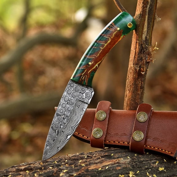 Handmade Forged Rain Pattern Damascus Steel Fix Blade Tactical Knife Pinecone Handle