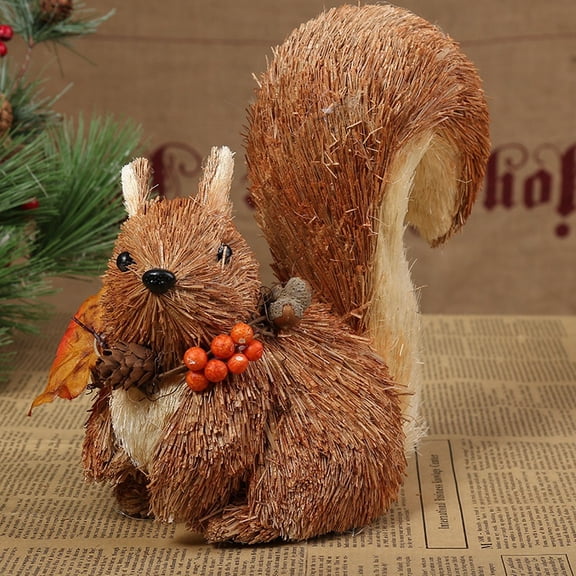 Handmade Fox Craft Ornament with Orange Grass, Autumn Leaves & Fruits - Unique Straw Animal Decoration for Fall