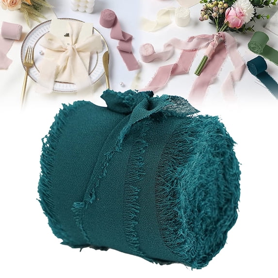 Handmade Fringe Chiffon Ribbon Roll, 1.5" X 5 Yards, Rustic Wrapping Ribbon for Weddings, Bouquets, Diy Crafts, Wreaths, Gifts, Soft Fabric, Dark Green