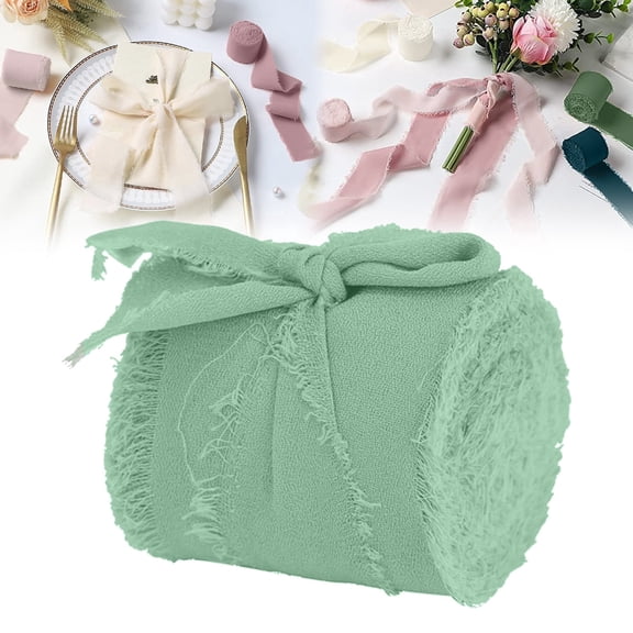 Handmade Fringe Chiffon Ribbon Roll, 1.5" X 5 Yards, Rustic Wrapping Ribbon for Weddings, Bouquets, Diy Crafts, Wreaths, Gifts, Soft Fabric, Sage Green