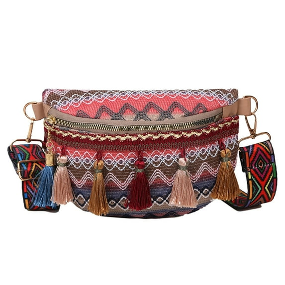 Handmade Fringe Woven Crossbody Bag for Women - Boho Chic Fabric Waist Pack with Adjustable Strap, Roomy Open Pocket for Phone Wallet Essentials, Lightweight Durable Travel & Everyday Purse