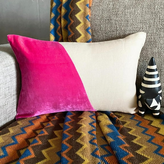 Handmade Fuchsia 12"x16" (30x40 cm) Lumbar Pillow Cover, Velvet & Linen Solid Color Block Oblong Pillow, Patchwork Pattern Modern Style - Velutinous Fuchsia
