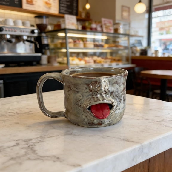 Handmade Funny Face Shaped Ceramic Coffee Mug with Tongue Out - Unique Sculptural Cup for Coffee Lovers, Dishwasher-Safe, Durable Design, Perfect Gift for Birthdays & Holidays