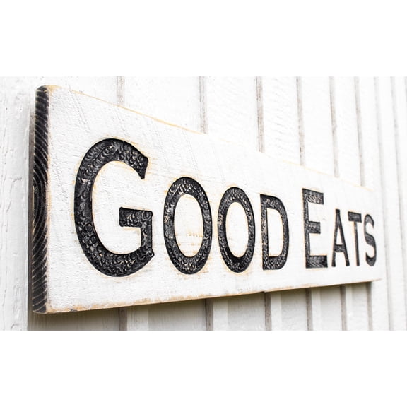 Handmade GOOD EATS Sign 48x10 Inches, Solid Wood Rustic Distressed Farmhouse Decor, Kitchen Dining Room Wall Art, Made in NC, Black