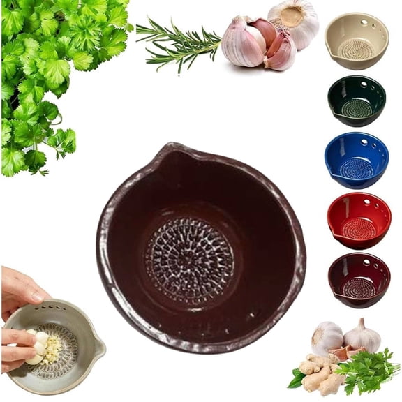 Handmade Garlic Grater & Herb Bowl, 2-in-1 Plate with Built-In Grater and Stem Remover, Ginger Cheese Garlic Grating Dish, Kitchen Tool Gift for Home Cooks(Coffee,5 Hole)