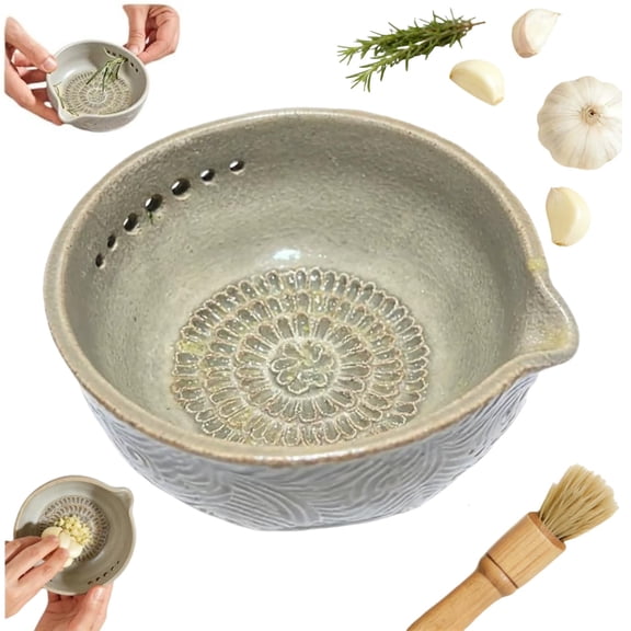 Handmade Garlic Grater & Herb Bowl, Garlic Grinder Plate Multi-functional Kitchen Tool, Efficient Stoneware Herb Stripper Grater Dish