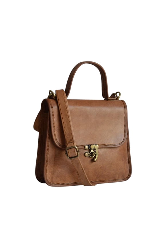 Handmade Genuine Goat Leather Satchel Bag, Vintage Crossbody Shoulder Handbag with Top Handle, Brown, 11 x 16 x 3.5 Inches
