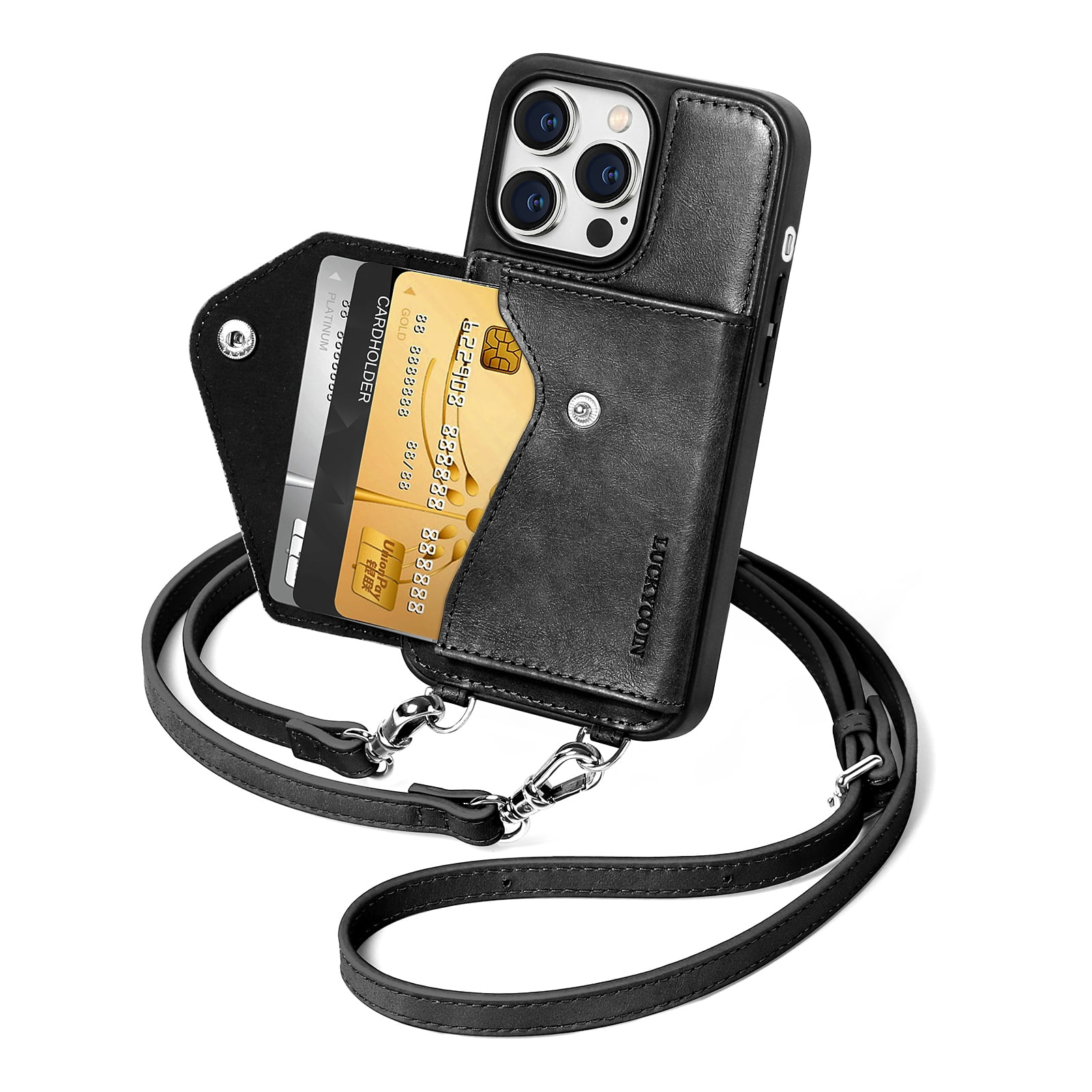 Handmade Genuine Leather Crossbody Wallet Phone Case for Apple iPhone 14 Pro 6.1-Inch,with Strap and Flip Wallet Card Holder,Shockproof Durable Scratch Protective