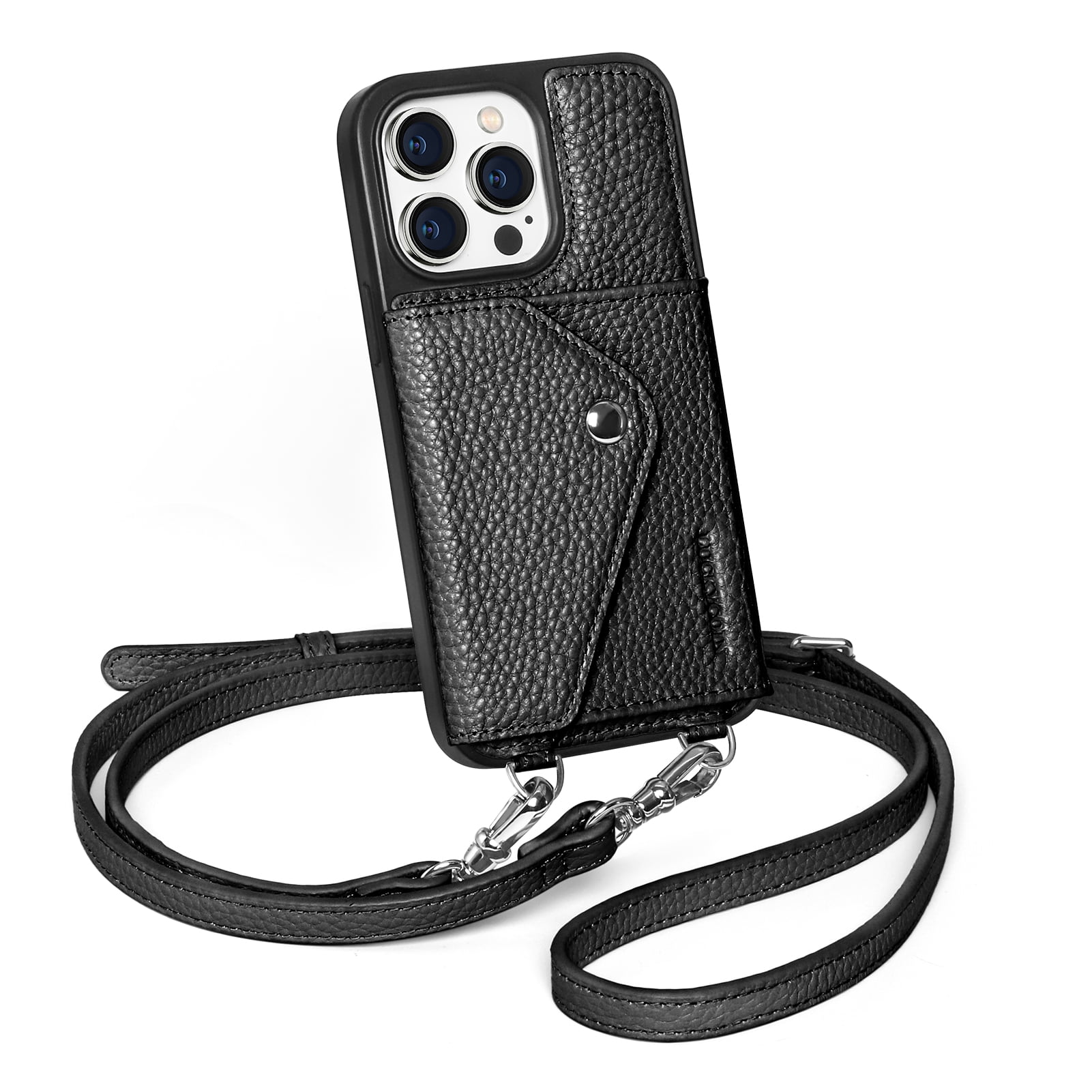 Handmade Genuine Leather Crossbody Wallet Phone Case for Apple iPhone 15 Pro 6.1-Inch,with Strap and Flip Wallet Card Holder,Shockproof Durable Scratch Protective