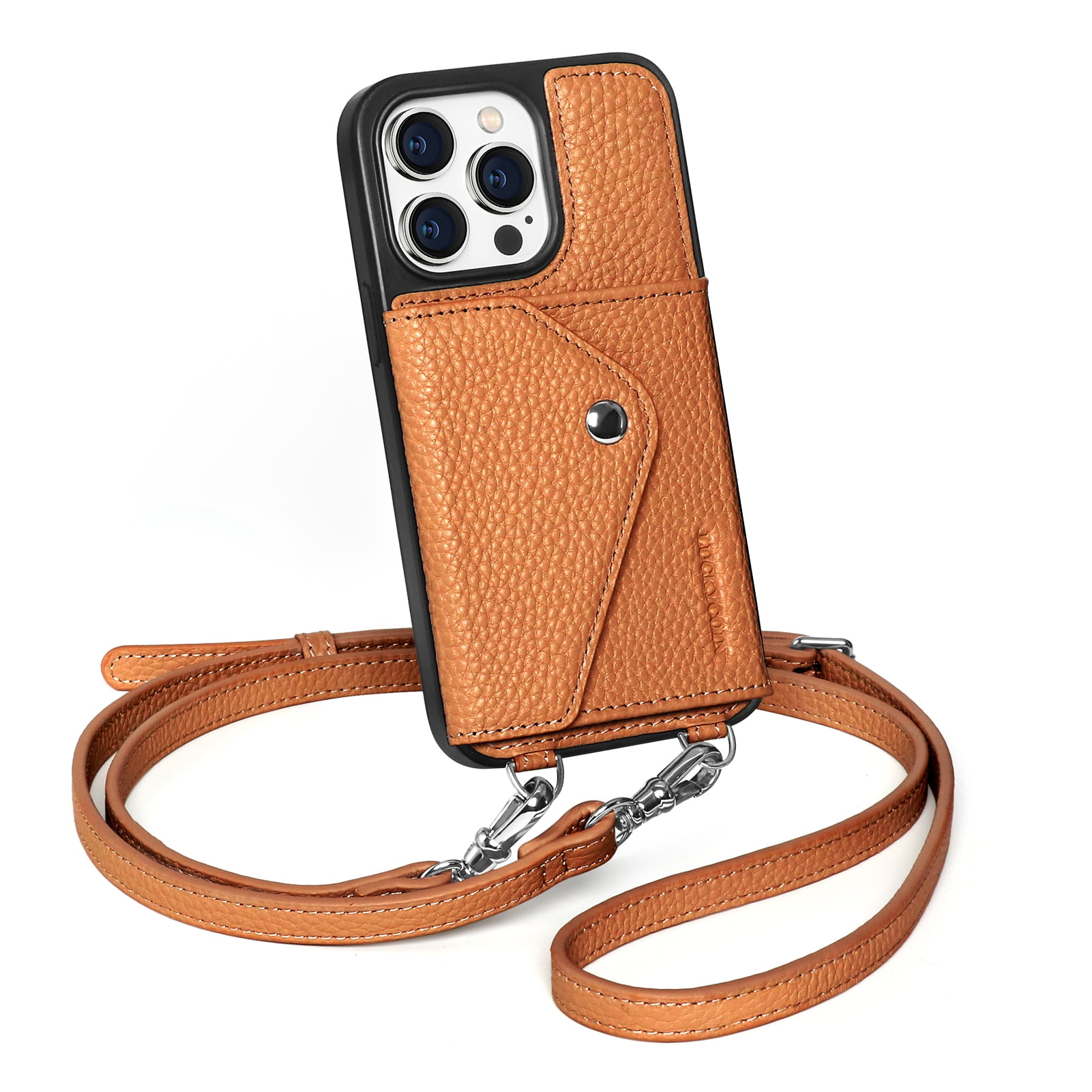 Handmade Genuine Leather Crossbody Wallet Phone Case for Apple iPhone 15 Pro 6.1-Inch,with Strap and Flip Wallet Card Holder,Shockproof Durable Scratch Protective