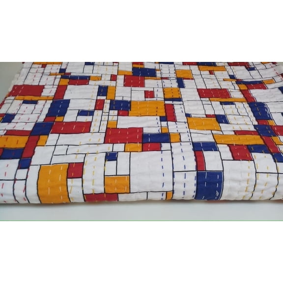 Handmade Geometric Block Print Kantha Quilt, Multicolor Cotton Patchwork Bedspread, Artisan Hand Stitched Indian Blanket