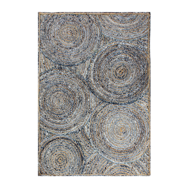 Handmade Geometric Blue Jute Rug Chindi Cotton Dining Room Carpet