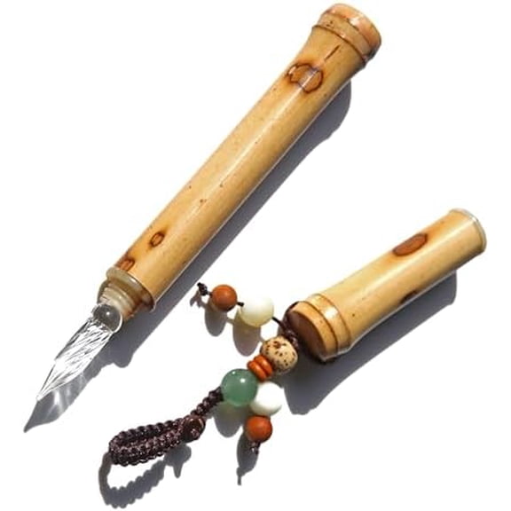Handmade Glass Dip Pen with Natural Bamboo Body, Fine Point, Decorative Beaded Tassel, Calligraphy Writing Instrument$$Office