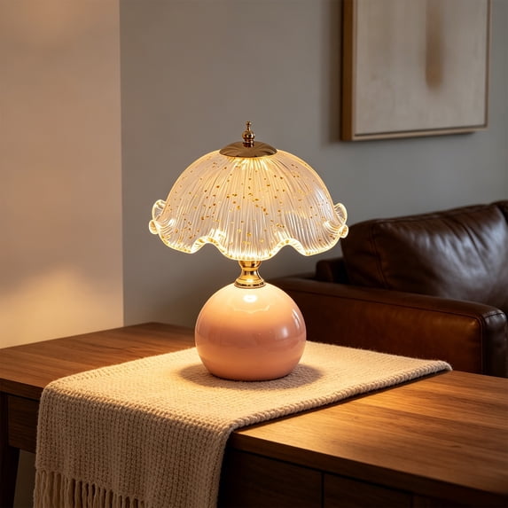 Handmade Glass Scallop Shade Table Lamp, Vintage Ball Base Night Light, Decorative Warm Light Desk Lamp for Bedroom, Living Room & Home