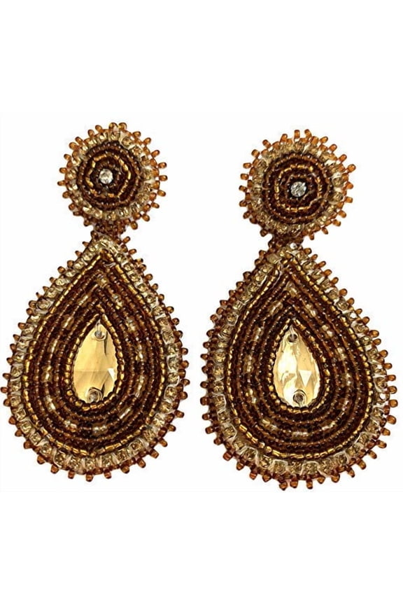 Handmade Glass Seed Beaded Teardrop Earrings (Brown Post)