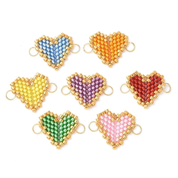 Handmade Glass Seed Beads Heart Links Loom Pattern with Jump Rings Golden Mixed color 15x20x2mm Hole: 3mm