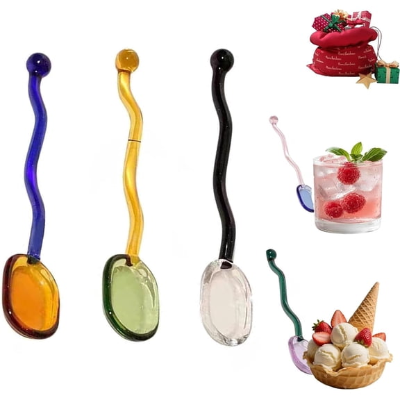 Handmade Glass Stirring Spoons - Colorful Curved Handle Spoons for Coffee, Tea, Dessert, Cute Wavy & Spiral Design, Milk Dab Stirrers for Drinks & Salad(XX-3pcs)
