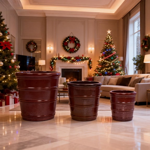 Handmade Glazed Ceramic Planter Set of 3, 16/13/10 Inch Diameter, Horizontal Rib Design, for Monstera and Fiddle Leaf Fig Outdoor Garden & Indoor Staircase Use, Breathable Clay, Deep Reddish-Brown