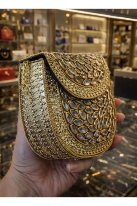 Handmade Gold Kundan Handcrafted Bridal Clutch Bag Luxury Evening Wedding