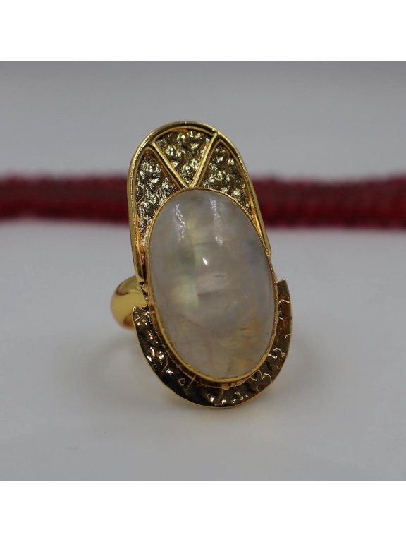 Handmade Gold Plated Brass Ring with Rainbow Moonstone, Engraved Boho Jewelry, Healing Crystal Ring, Womens Gift Tribal & Gypsy Ring