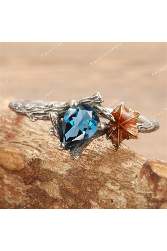Handmade Gold Plated Leaf Ring with Blue Sandstone, 925 Sterling and 18k Gold, Size 5