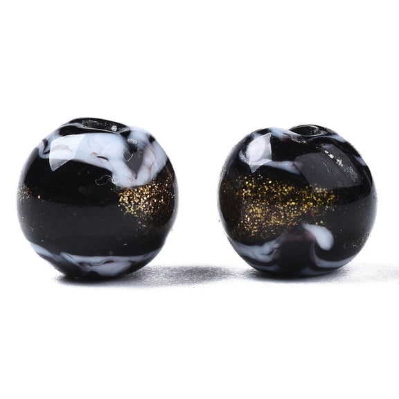 Handmade Gold Sand Lampwork Beads Round Black 9~10x8~10mm Hole: 1.6mm