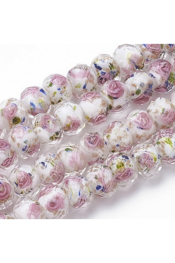 Handmade Gold Sand Lampwork Beads Strands Inner Flower Faceted Rondelle White 11~12x8~9mm Hole: 1.6~2mm about 45pcs/strand 17.3 inch