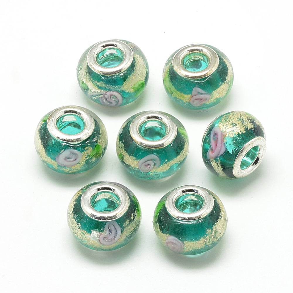 Handmade Gold Sand Lampwork European Beads with Brass Double Cores Large Hole Beads Rondelle Platinum Green 13.5~14.5x10.5~11mm Hole: 5mm