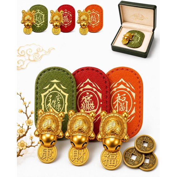 Handmade Golden Turtle Feng Shui Amulet Chinese Lucky Charm 2026 Edition | Brass tortoise talisman with coin leather sleeve wallet purse bag pendant pocket keepsake protection birthday home(All*3)