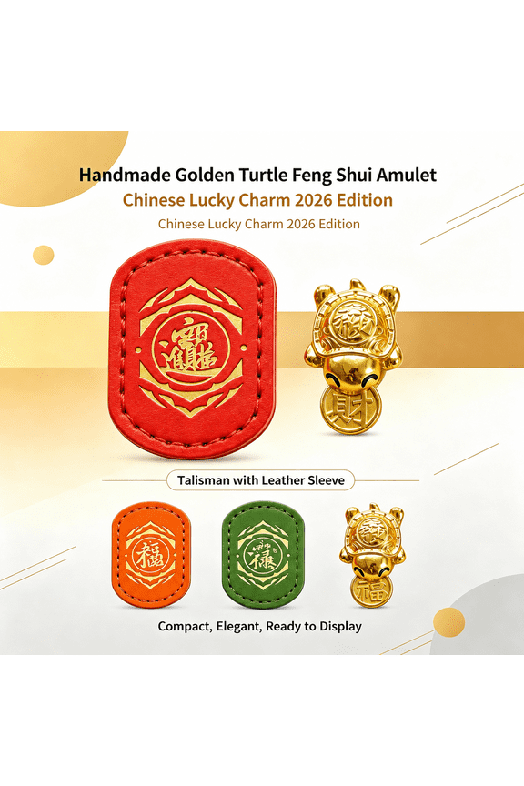 Handmade Golden Turtle Feng Shui Amulet, Chinese Lucky Turtle Charm with Coin Detail, Traditional Feng Shui Talisman Ornament, Golden Turtle Figurine for Home Office Decor Gift