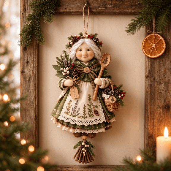 Handmade Good Luck Granny Ornament(Spoon), Lucky Charm Hanging Decor, Vintage Woodland Grandma Doll for Door & Wall, Gift for Mom Grandma Friend, Cozy Granny Core Home Decor