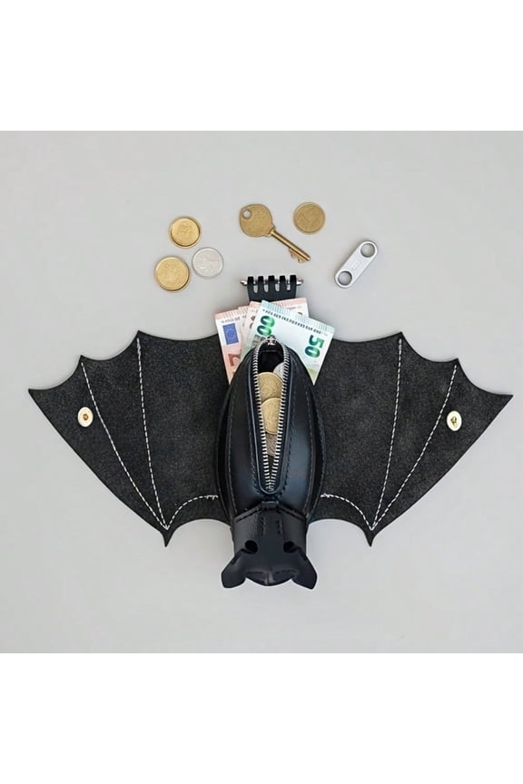 Handmade Gothic Bat Wing Coin Purse with Zipper & Keychain, Portable Small Wallet for Bags Belts, Fashion Accessory for Men Daily Use