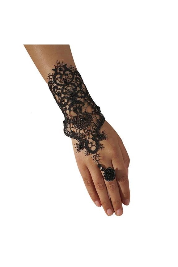 2colors Women Rose Beads Flower Lace Gloves Goth Style Adjustable with Ring