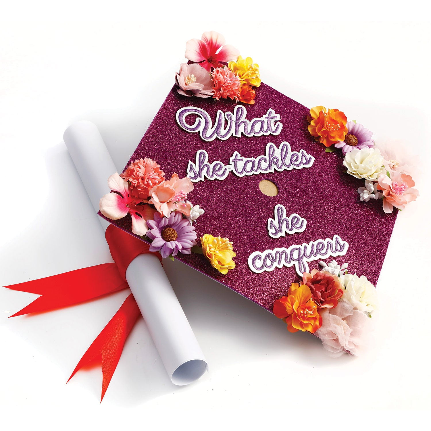 Handmade Graduation Cap Topper, Graduation Cap Decorations, What She Tackles She Conquers