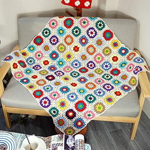 Handmade Granny Square Crochet Throw Blanket Sweater Style Mat, Crochet Quilt, Multicolor Boho Travel Accent Decor Throw for Sofa Comforter Couch Bed Recliner Living Room Bedroom Decor 39" x39"