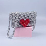 Handmade Gray-Red Pearl Beaded Bag Ideal Gifting Elegant Style Handbag for Womens & Girls Special Occasion