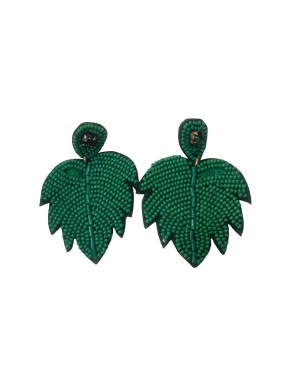QRIXLOOM Handmade Green Beaded Leaf Drop Earrings for Women Boho Statement Dangle Earrings Lightweight Ethnic Western Fashion Jewelry